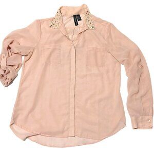 Coquette Top Womens L Blush Sheer Pearl Rhinestone Blouse Parisian Chic Glam